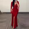 Cross-Border Fashion Sequin Bodycon Dress with Round Neck, Slit, Tassel Sleeves, and Ruched Design