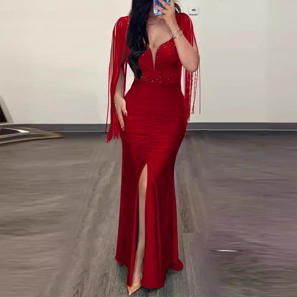Cross-Border Fashion Sequin Bodycon Dress with Round Neck, Slit, Tassel Sleeves, and Ruched Design