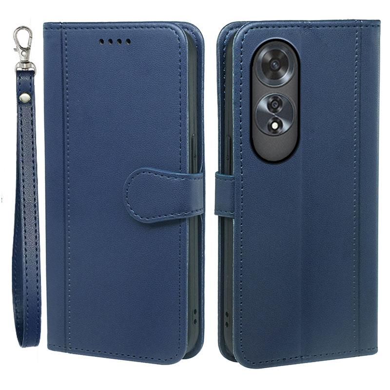 

HX02 For Oppo A60 4G Case Magnetic Closure Leather Wallet Phone Cover with Strap Blue