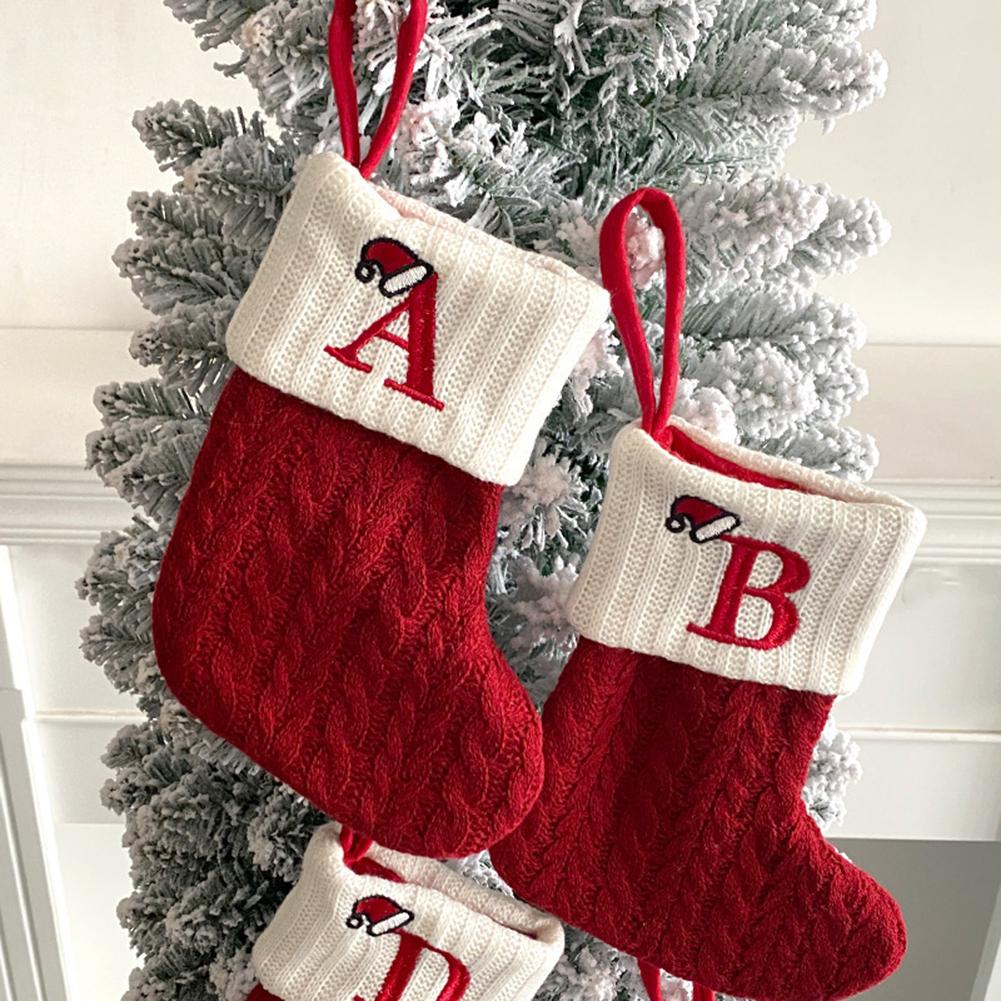 Initials Xmas Stocking Holiday Season Letter Present Premium Knitted Exquisitely Embroidered Stocking Present Bag For Christmas