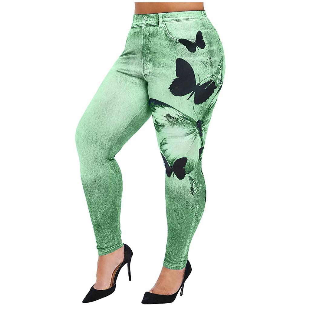 New Women Fashion Plus Size Butterfly Print Skinny Casual Faux Denim Long Pants
