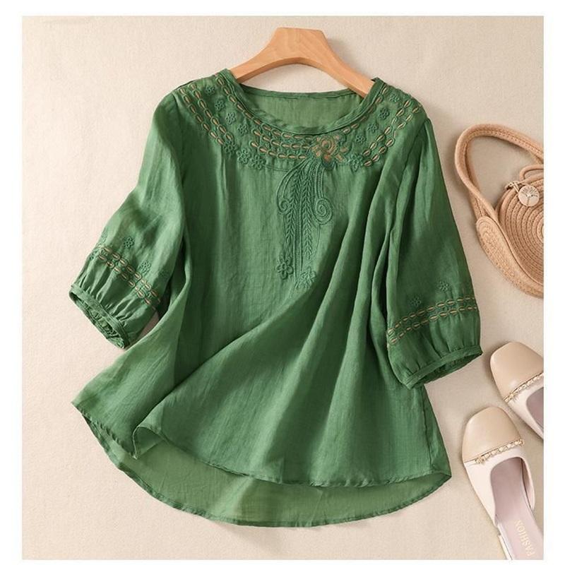 Women's Linen Blend 2-Piece Outfit Embroidered Half Sleeve Top & Wide Leg Pants Casual Set