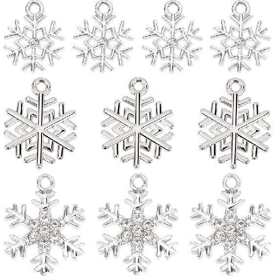 SUNNYCLUE 1 Box 36Pcs 6 Style Snow Charms Christmas Snowflake Charms Xmas Winter Rhinestone Pendants for Jewelry Making DIY Bracelet Necklace