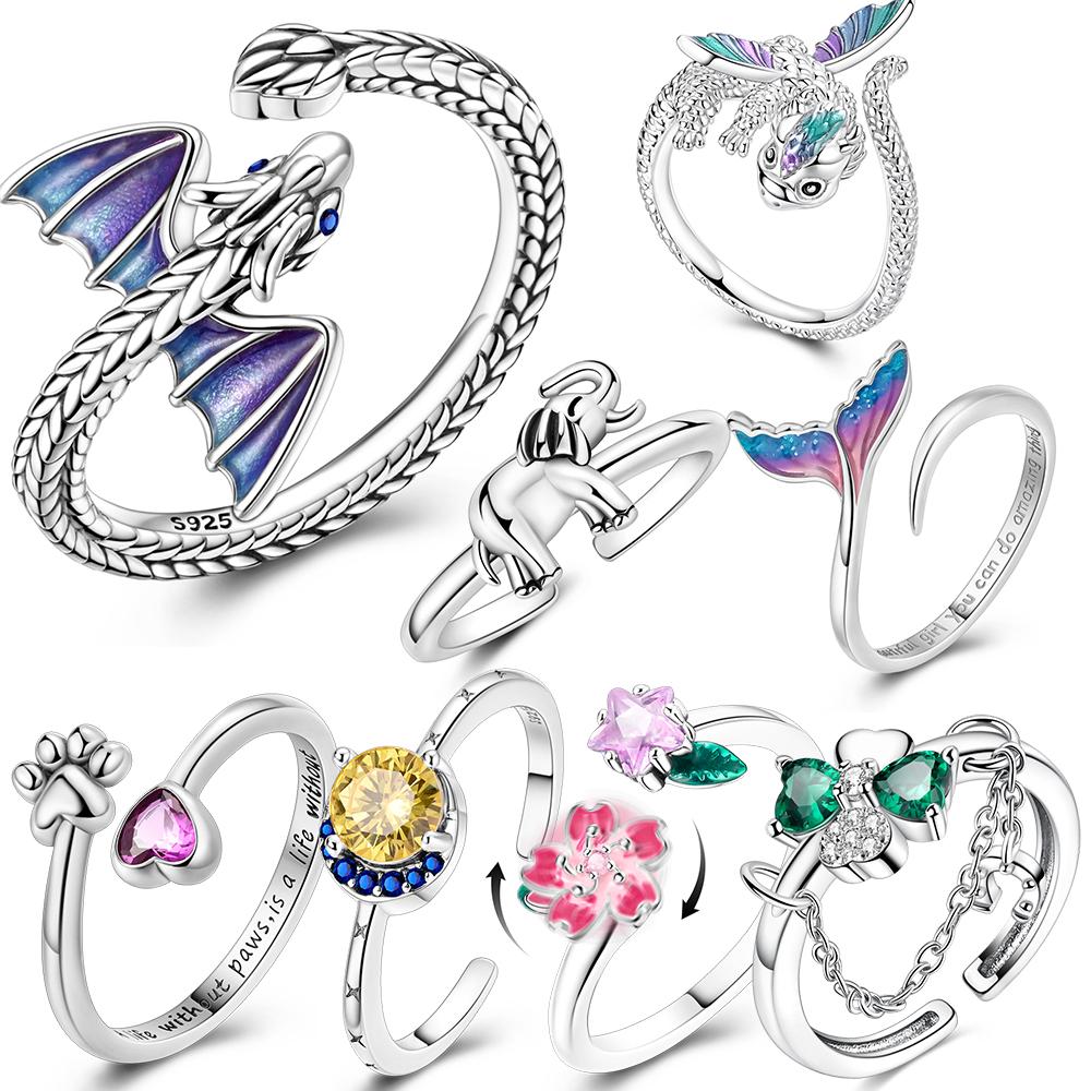 Adjustable Ring 925 Silver Fire Dragon Blossom Flower Clover Open Rings For Women Wedding Jewelry Gift