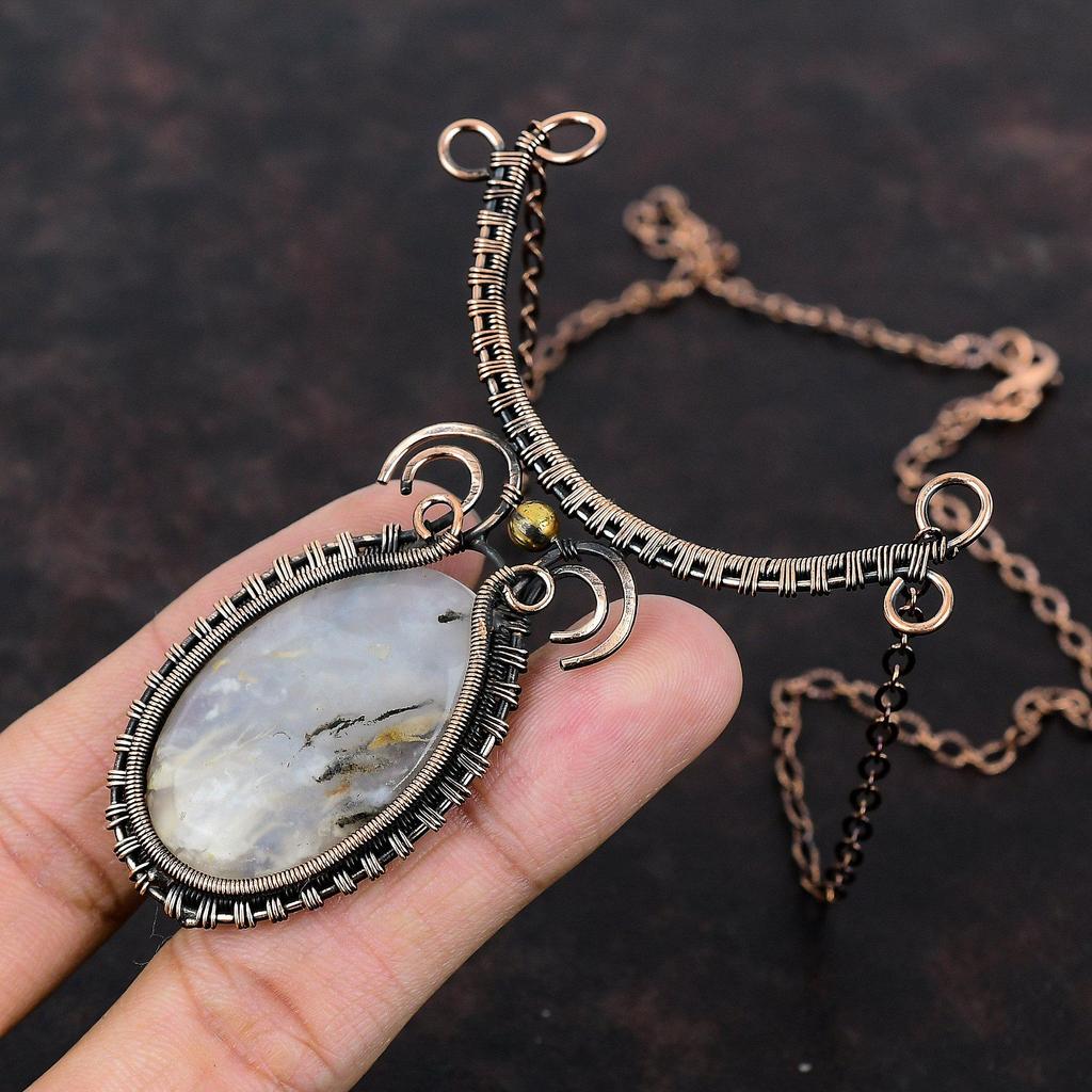 Plume Agate Gemstone Necklace Copper Wire Wrapped Necklace Adjustable Necklace Handmade Stylish Necklace Copper Jewelry Gift For Anniversary
