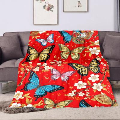 1PC Butterflies and Cherry Blossoms Printed Blanket All Seasons Multi-purpose Blanket Suitable for Sofa, Camping, Travel, Car