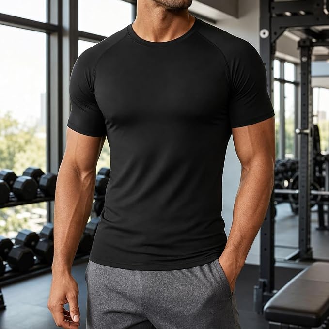 Pacote com 3 Camisetas de Compressão Masculinas Manga Curta para Treino na Academia, Preto, Branco, Azul