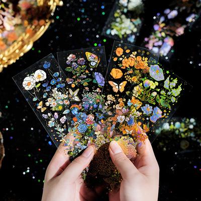 3 Sheets Retro Flower Plant PET Stickers for Scrapbooking DIY Decorative Material Collage Journaling