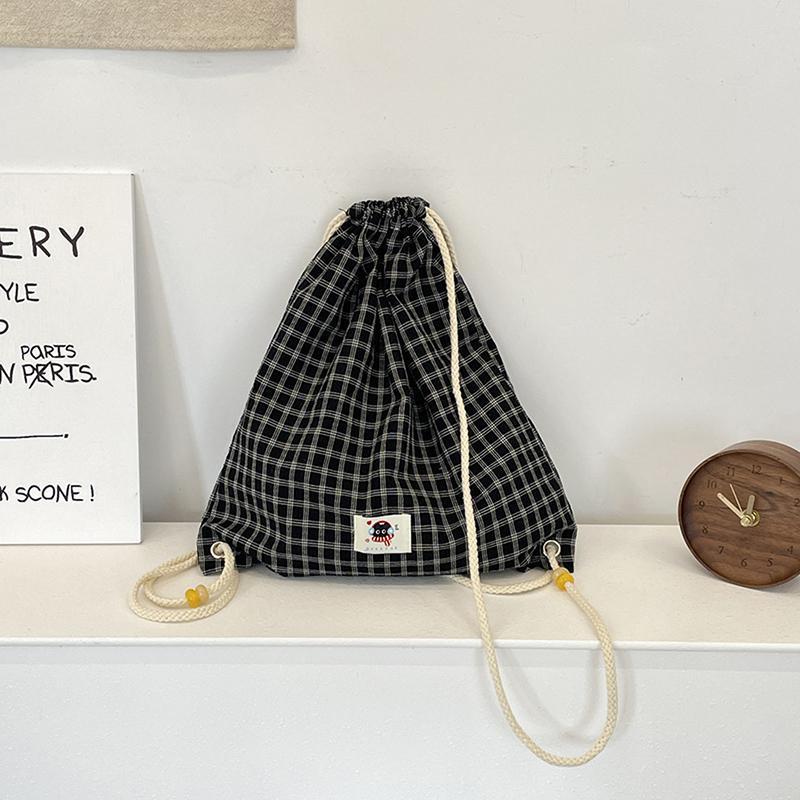 Checked Backpack Drawstring Canvas Women Shopping Bag Sports Gym Bag Training Sackpack Simple Commuter Bag