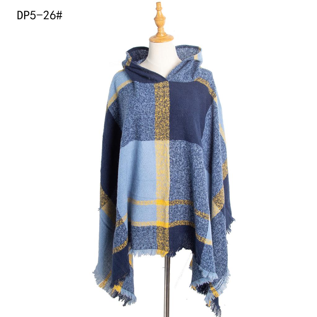 Women's Plaid Hooded Cape Ponchos Sweater Knitted Versatile Lightweight Warm Shawl Wrap Scarf Cape Poncho Pullover Cardigan Wrap Sweaters for Women