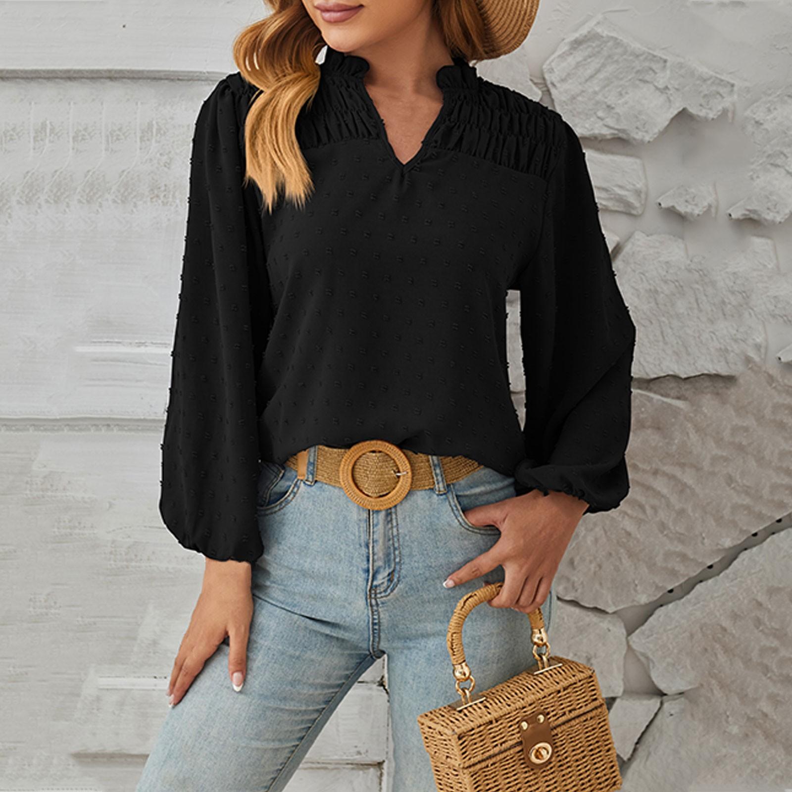 

Женская свободная тканая рубашка с длинными рукавами и v-образным вырезом со сборками L чёрный