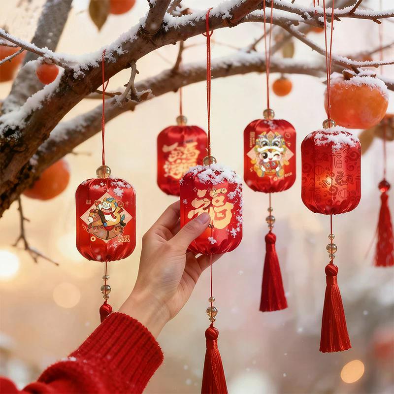 Horse Year Chinese Hanging Lanterns Glowing Handmade 2026 New Year Lanterns Cloth With Tassel Portable Lanterns Outdoor 1PC