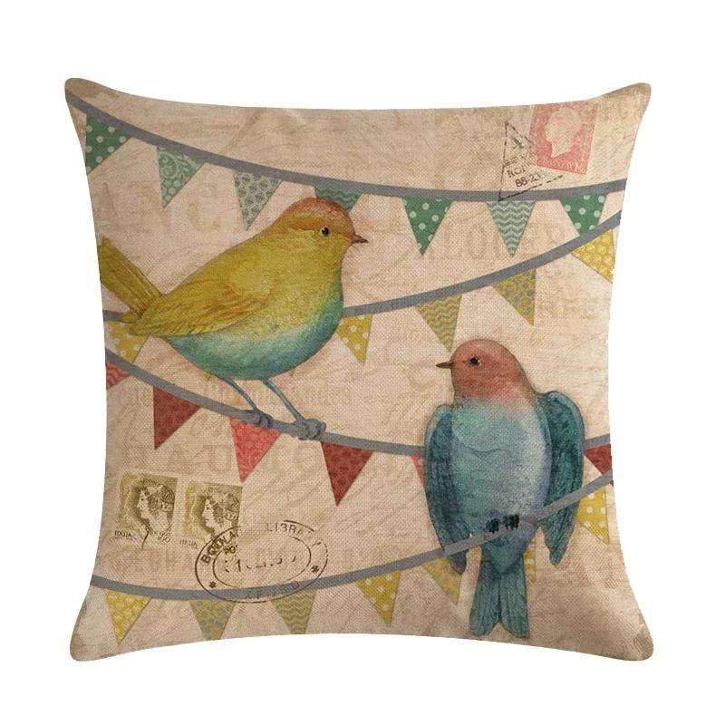 Lovely Flower And Bird Cushion Cover Retro Print Linen Pillowcase Decoration Living Room Bedroom Sofa Car 45*45Cm