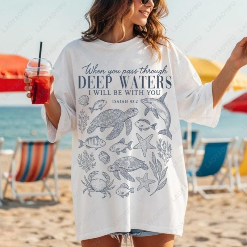 Christian Ocean Coastal Sea Life Cotton Shirt Trendy Retro Beachy Oversized Scripture Jesus Printed Women Tee Faith Apparel Gift