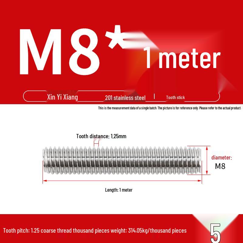 304 Stainless Steel Full Threaded Rod, 1 Meter, available in sizes M3, M6, M8, M10, M12.
