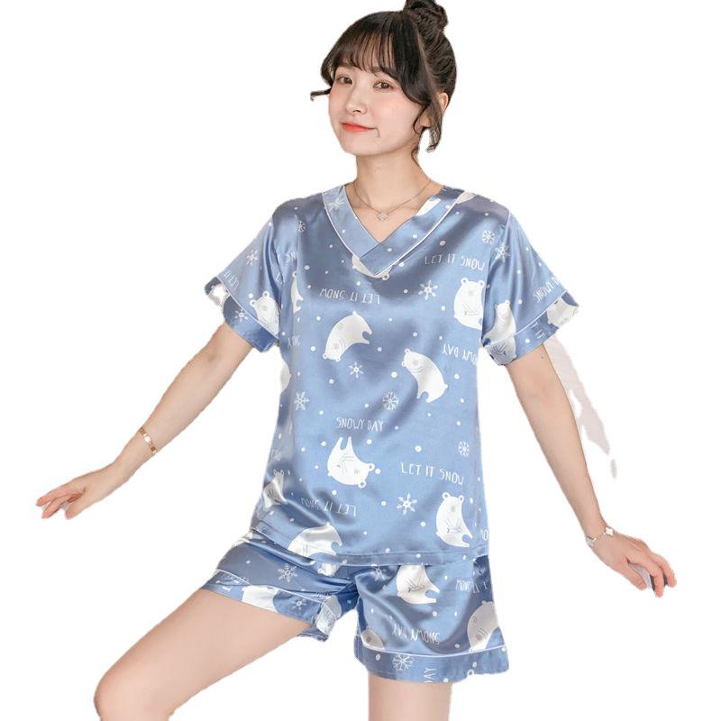 Women's V-Neck Cartoon Silk Pajama Set - Summer Short Sleeve 2022 Collection