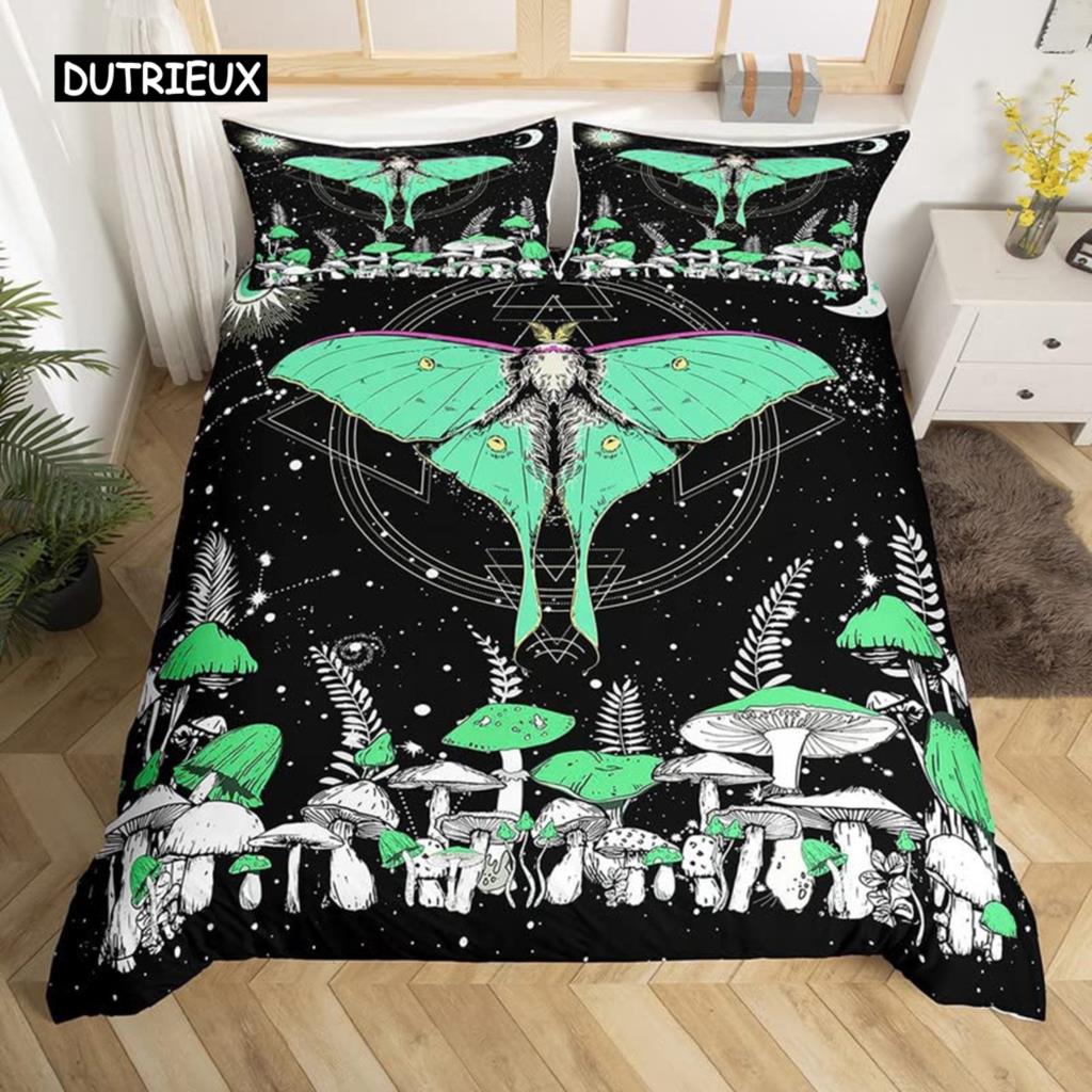 Schmetterling und Totenkopf-Falter Bettbezug Queen Gothic Schädel Blume Sternenhimmel Mond Bettwäsche-Set Polyester Boho Exotisch Schwarz Steppdecke