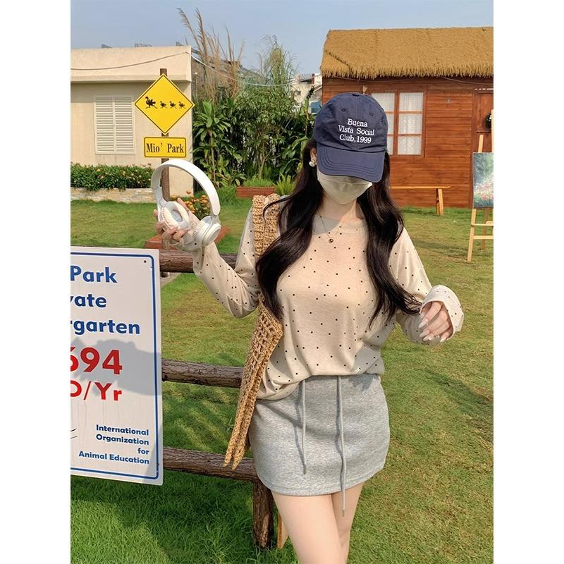 Apricot polka dot print round neck long-sleeved T-shirt for women summer new sweet hottie casual loose thin sun protection top