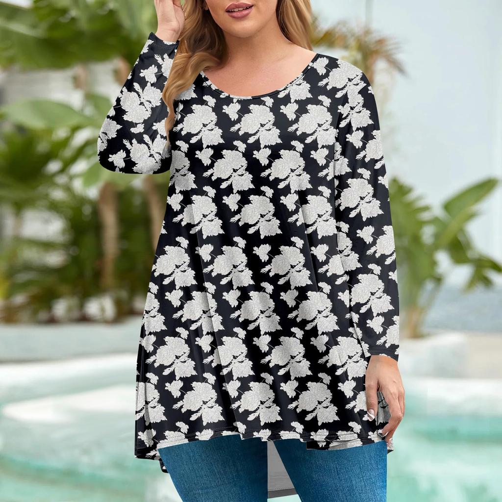 Women's Plus Size Top, Garden Collar Long Sleeved Shirt, Fashionable Floral Print Casual Top