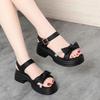 5.5cm Comfortable Soft Leather Bow Rhinestone Sandals Platform Shoes 2025 Summer Med Square Heels Sandals for Office Mom Daily