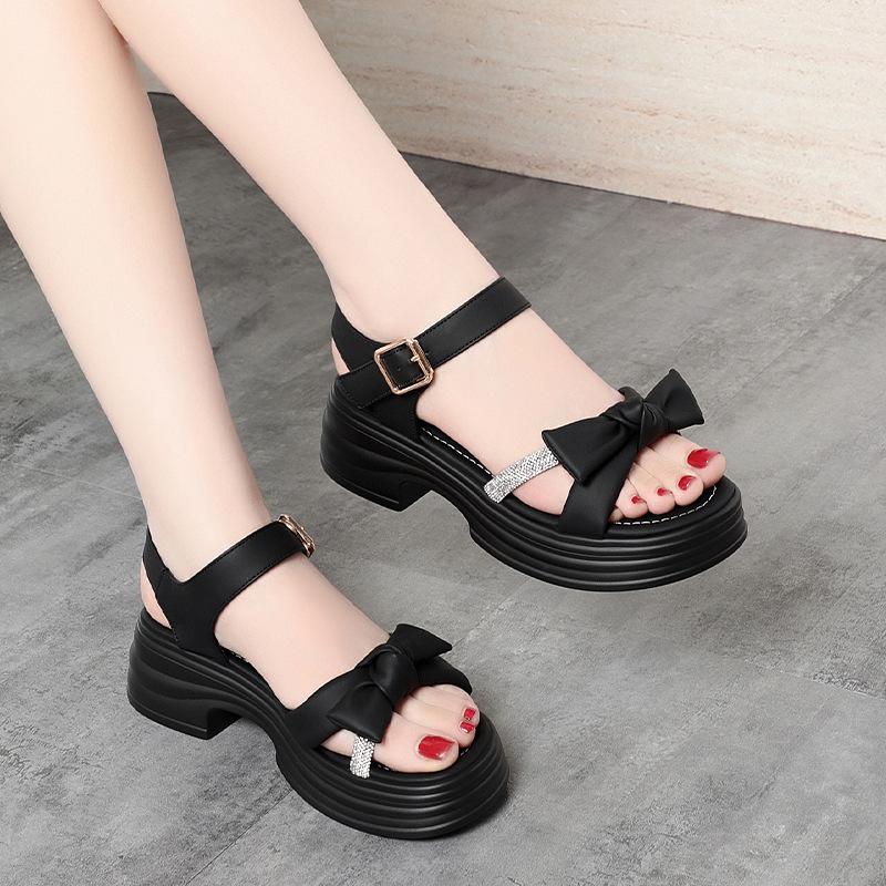 5.5cm Comfortable Soft Leather Bow Rhinestone Sandals Platform Shoes 2025 Summer Med Square Heels Sandals for Office Mom Daily
