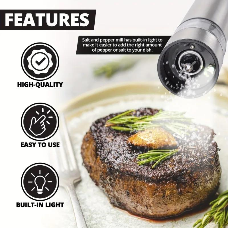 Electric Salt And Pepper Grinder Set - Battery Operated Stainless Steel Mill With Light - Automatic One Handed Operation