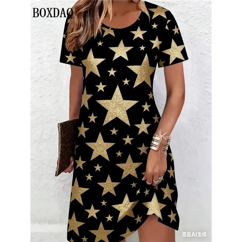 Summer Dresses Women Fashion Striped 3D Print Short Sleeve Dress Casual Elegant Women's Loose Pullover A-Line Dress Vestido