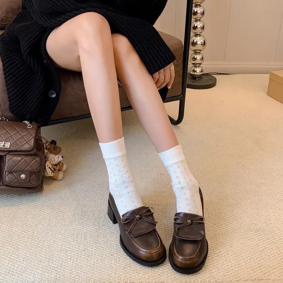 Cowhide Version~ Ballet Style Bow High Heel Small Leather Shoes Thick Heel Single Shoes Women's Platform Loafers British Style Women's Shoes