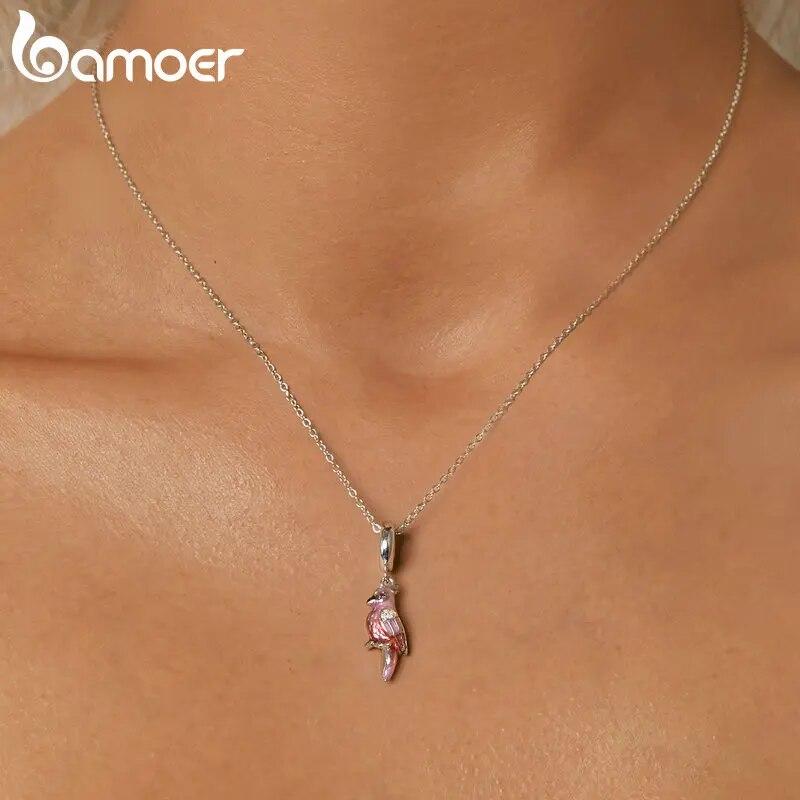 Bamoer 925 Sterling Silver Pink Parrot Pendant Charms Cute Bird Beads for Women Original Bracelet and Necklace DIY Accessories