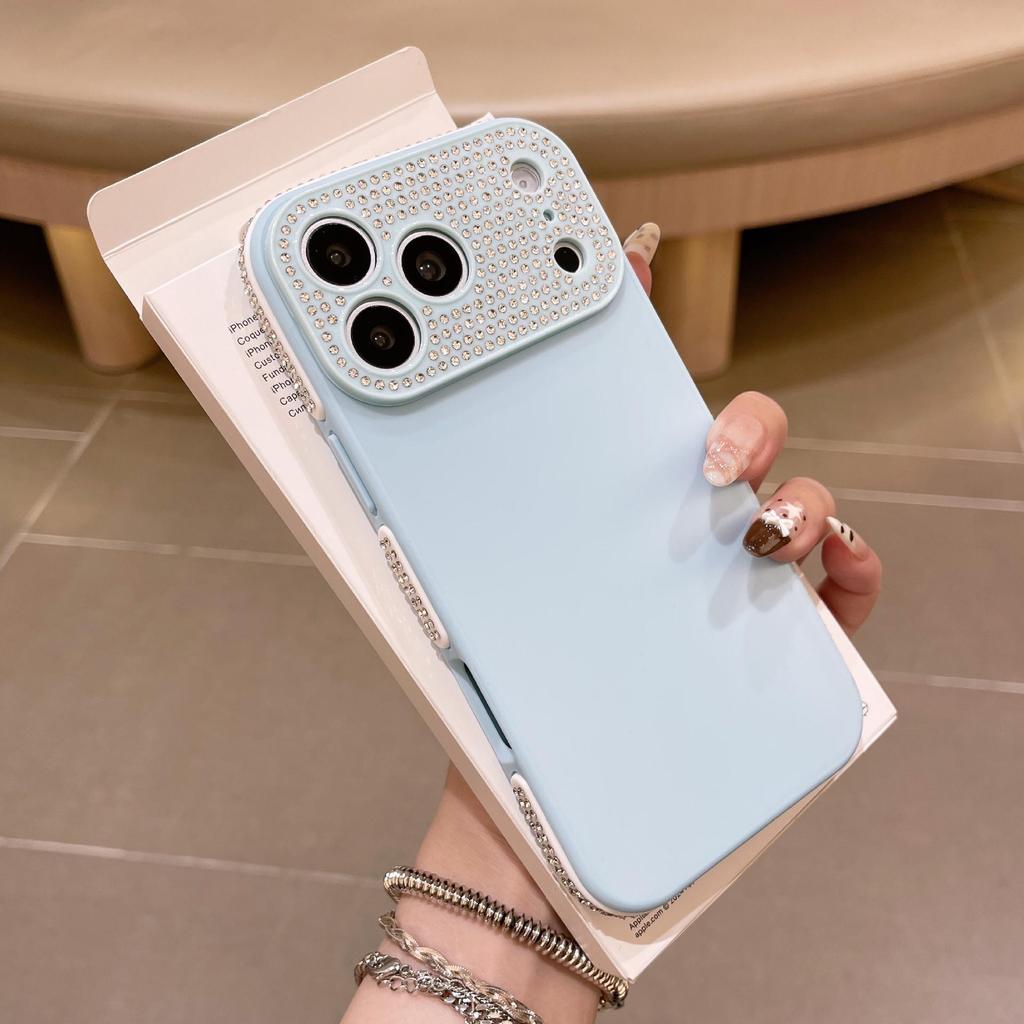 Compatible Apple 17 Pro Solid Color Rhinestone Lens Case for iPhone 16, Anti-fall Protective, Special Side Rhinestones.