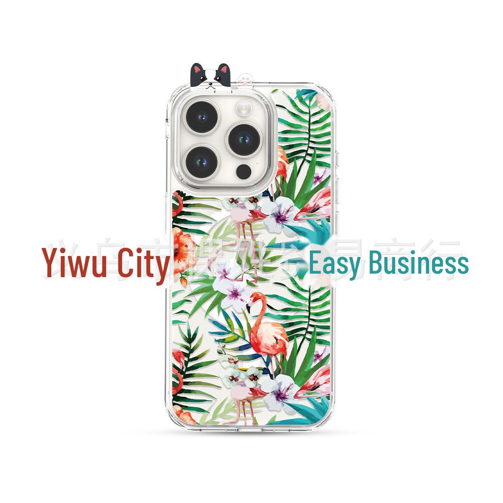 Green Parrot Watercolor Flowers & Birds Phone Case for 15/15pro, Inspired by the Forest's Colorful Ecological Chain.