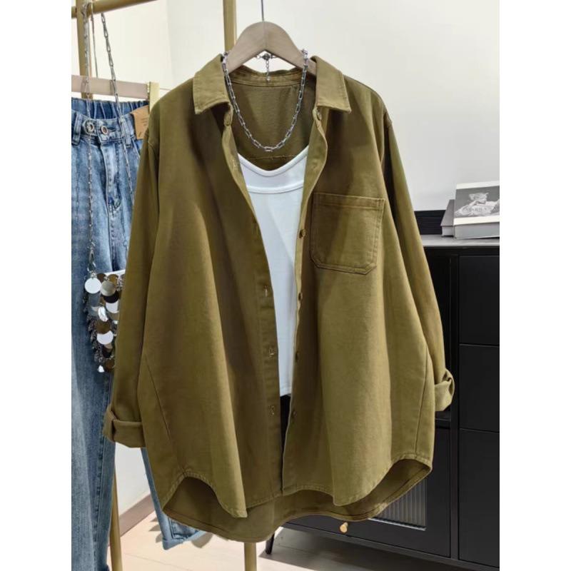Off-white cotton thickened shirt women's spring and autumn new Korean version casual loose top medium and long tooling shirt