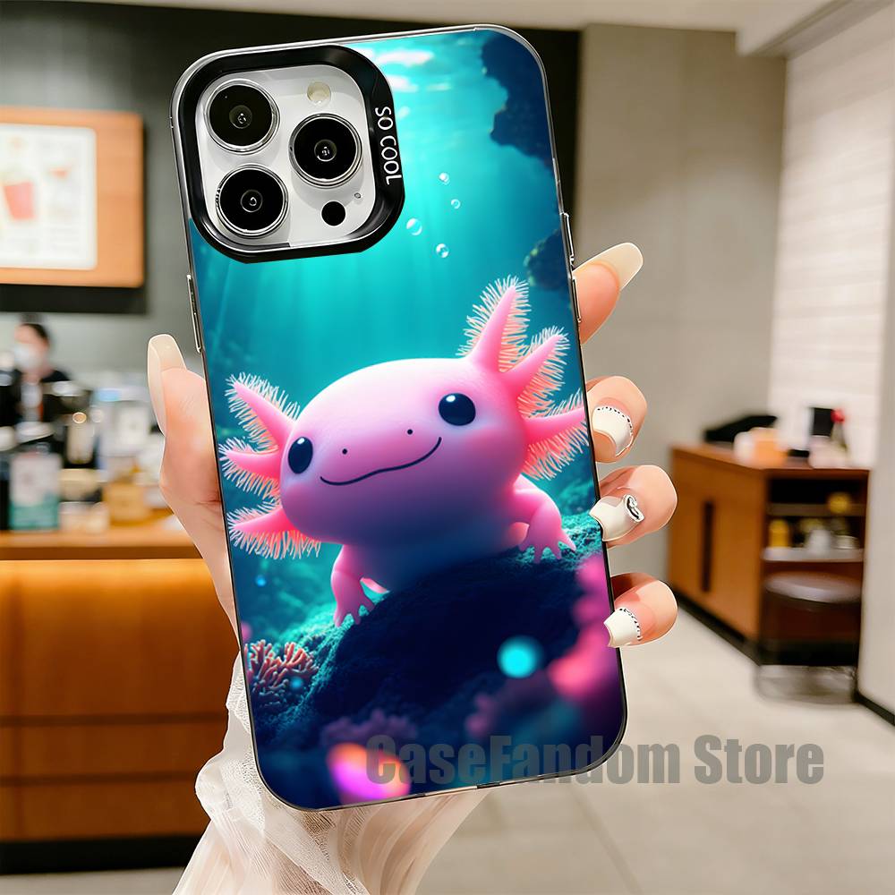 Cute Axolotl Phone Case For iPhone 17,16,15,14,13,12,11,Pro,Max,Plus,Black Matte Shockproof Cover