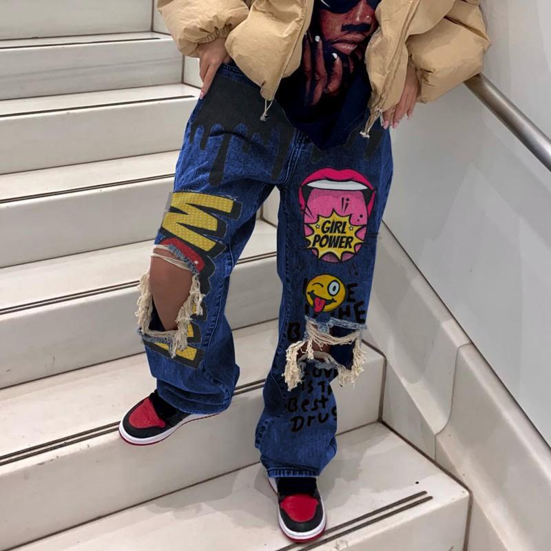 2605 Streetwear Ripped Jeans Women Multi-pocket Loose Fit Denim Trousers