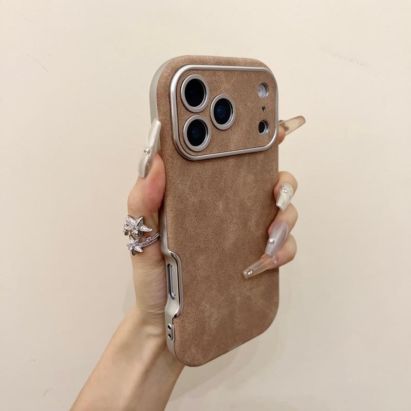 Luxury Suede Leather Bumper Case for iPhone 17 16 15 14 13 12 11 Pro Max Plus Business Frosted Shockproof Plating Round Cover