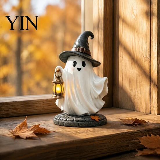 Miniature Ghost Statue Lighted Halloween Figurine, Spooky Resin Witch on Pumpkin/Holding Lantern LED Night Light Figurine with for Desktop Bookshelf