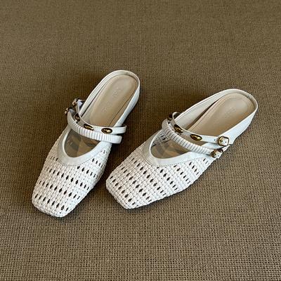 Sheepskin Version~ French Hollow Woven Sandals for Women To Wear Outside, Breathable Bag Head, Half Drag, Small Inner Height-increasing Cool Slippers