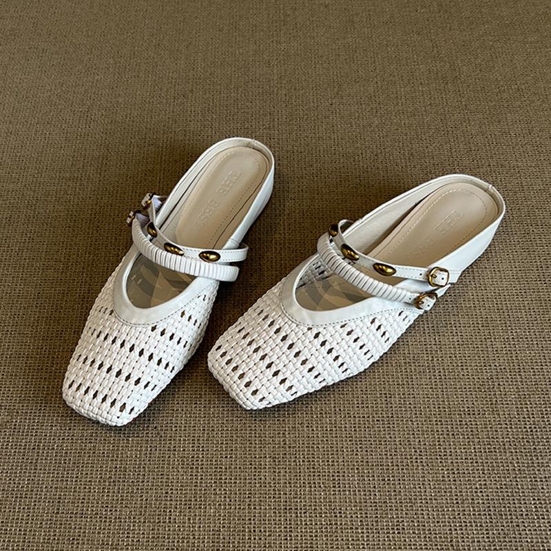

Sheepskin version~ French hollow woven sandals for women to wear outside, breathable bag head, half drag, small inner height-increasing cool slippers 40 белый