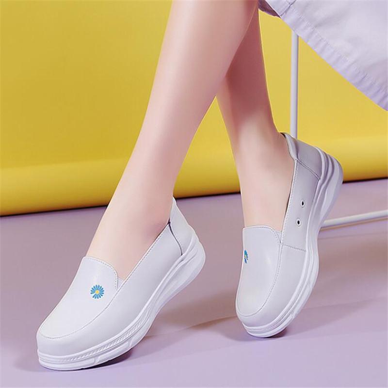 Fashion New Women Flat Genuine Leather Nurse Shoes Casual White Wedge Soft Bottom Slip On Moccasins Comfortable Hollow Out Work Shoes