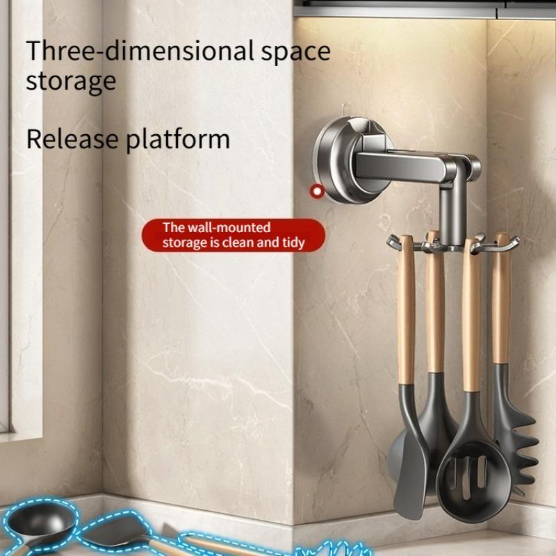 Kitchen Suction Wall-mounted Multi-functional Storage Rack, with Integrated Storage Featuring No-drilling and Rotatable Hooks