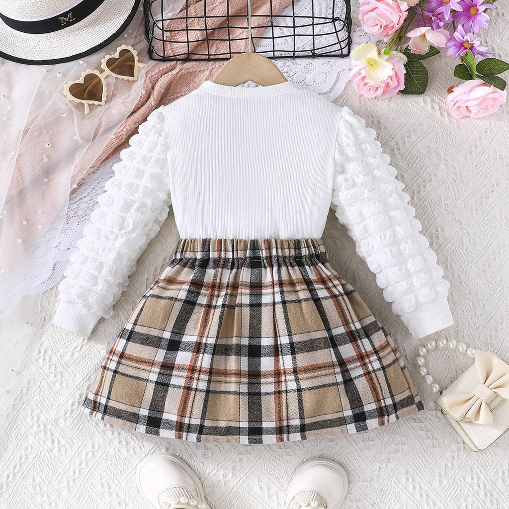 Autumn New Bear Top + Plaid Skirt for Girls Fashion