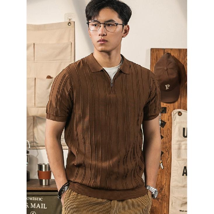 Short Sleeve Polo Shirt Men Summer Thin High-end Feel Ribbed Ice Silk Half-zip Turn-down Collar Slim Fit Knitted T-shirt