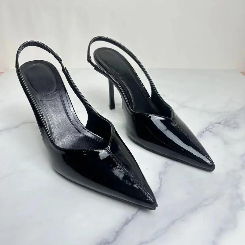 Fashion Versatile Summer High Heels Women Modern Sandals Patent Leather Concise Design Slip On Pointed Brand Designer Female Dress Shoes