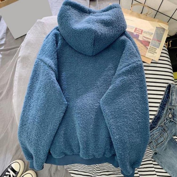 Women Fleece Hoodie Warm Winter Loose Pullover Long Sleeves Thick Letter Embroidery Top Elastic Cuff Drawstring Patch Pocket Fall Fashion