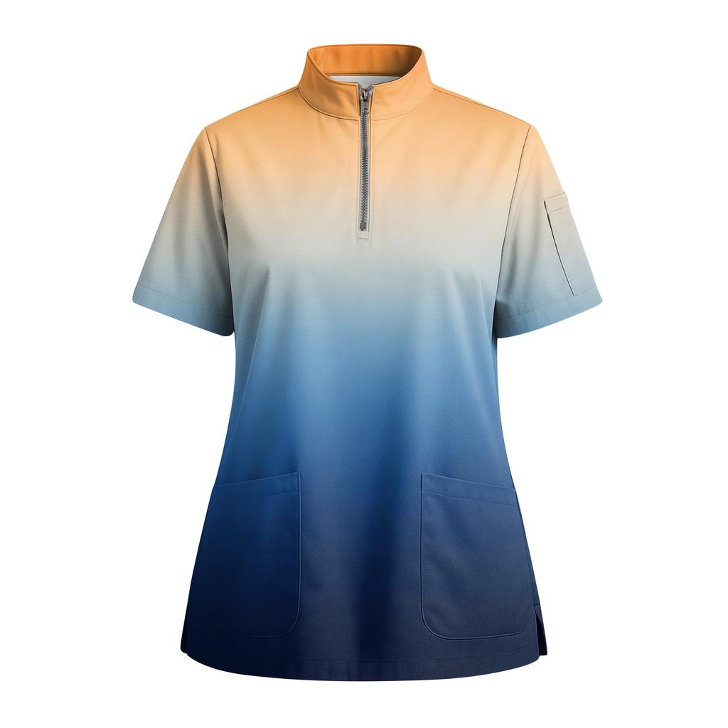 Women's Short Sleeved Printed V-neck Buttonable Side Slit Top T-shirt