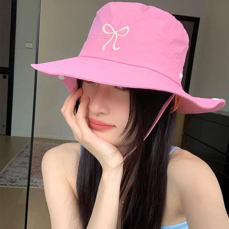 Rosa Schleife Fischerhut für Damen Sommer Breitkrempig Anti-UV Sonnenhut Outdoor Camping Wandern Damen Mädchen Bucket Hats