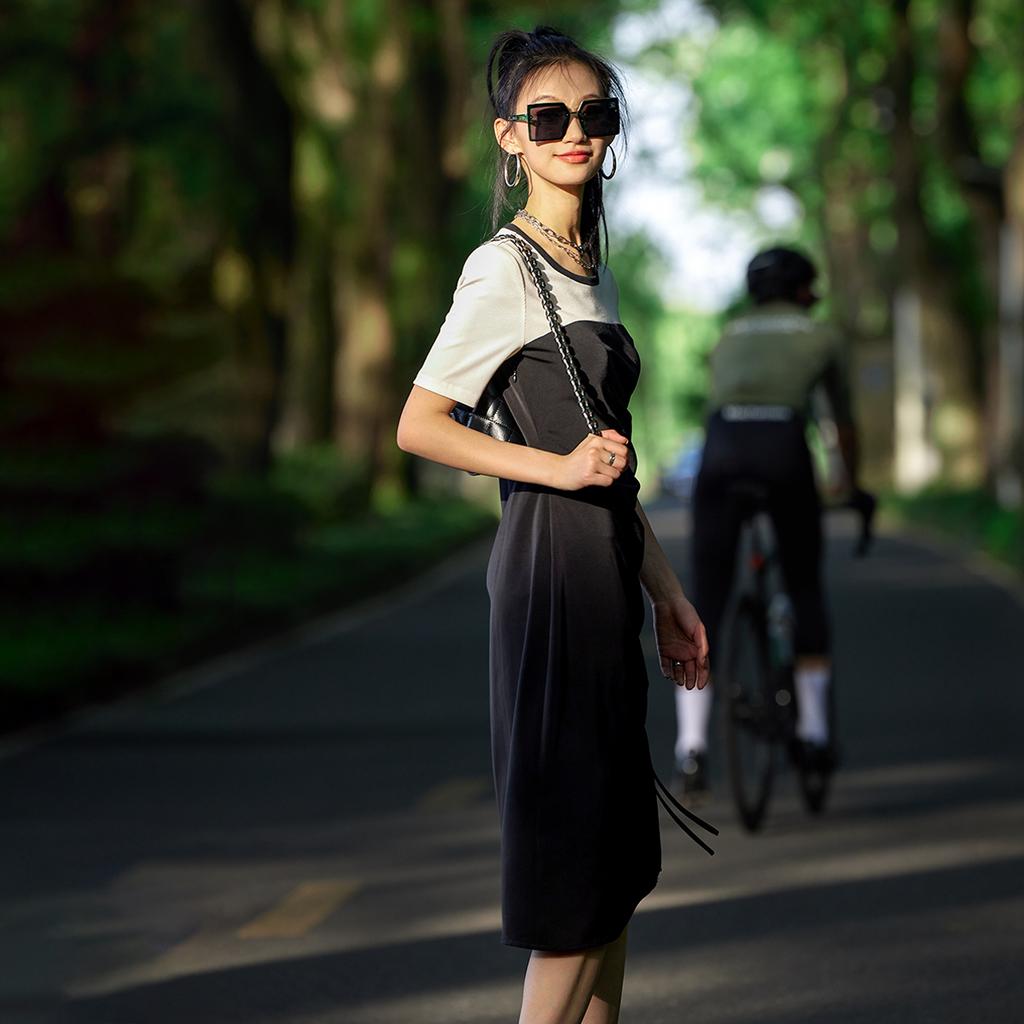 French Style Spliced Waist Cinching Short-Sleeved Dress