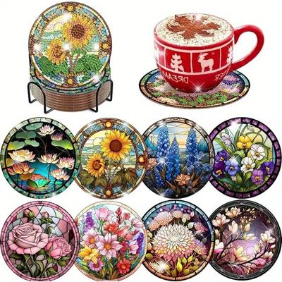 8 Pieces/set of Flower, Plant, Diamond Painted Coaster Set with Holder DIY Coaster for Beginners and Adults, Art and Craft Supplies Gift
