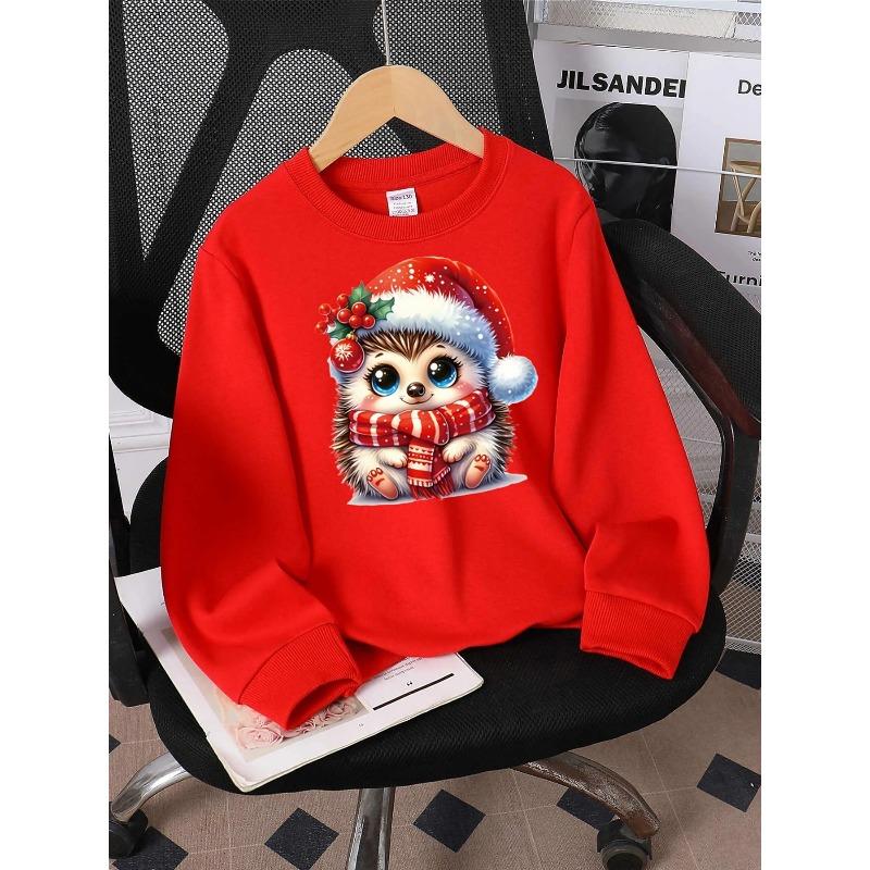 Boys & Girls Crewneck Sweatshirt, Christmas Hedgehog Santa Hat Scarf Holly Berry Print,Casual Sportswear for Spring & Autumn