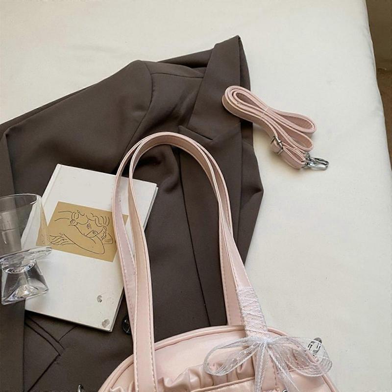 Fashionable Lace Embellished Shoulder Bag Bowknot Design PU Leather Crossbody Bags Casual Underarm Purse For Women Pink